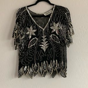 80’s Glam Black Silver Sequin Top